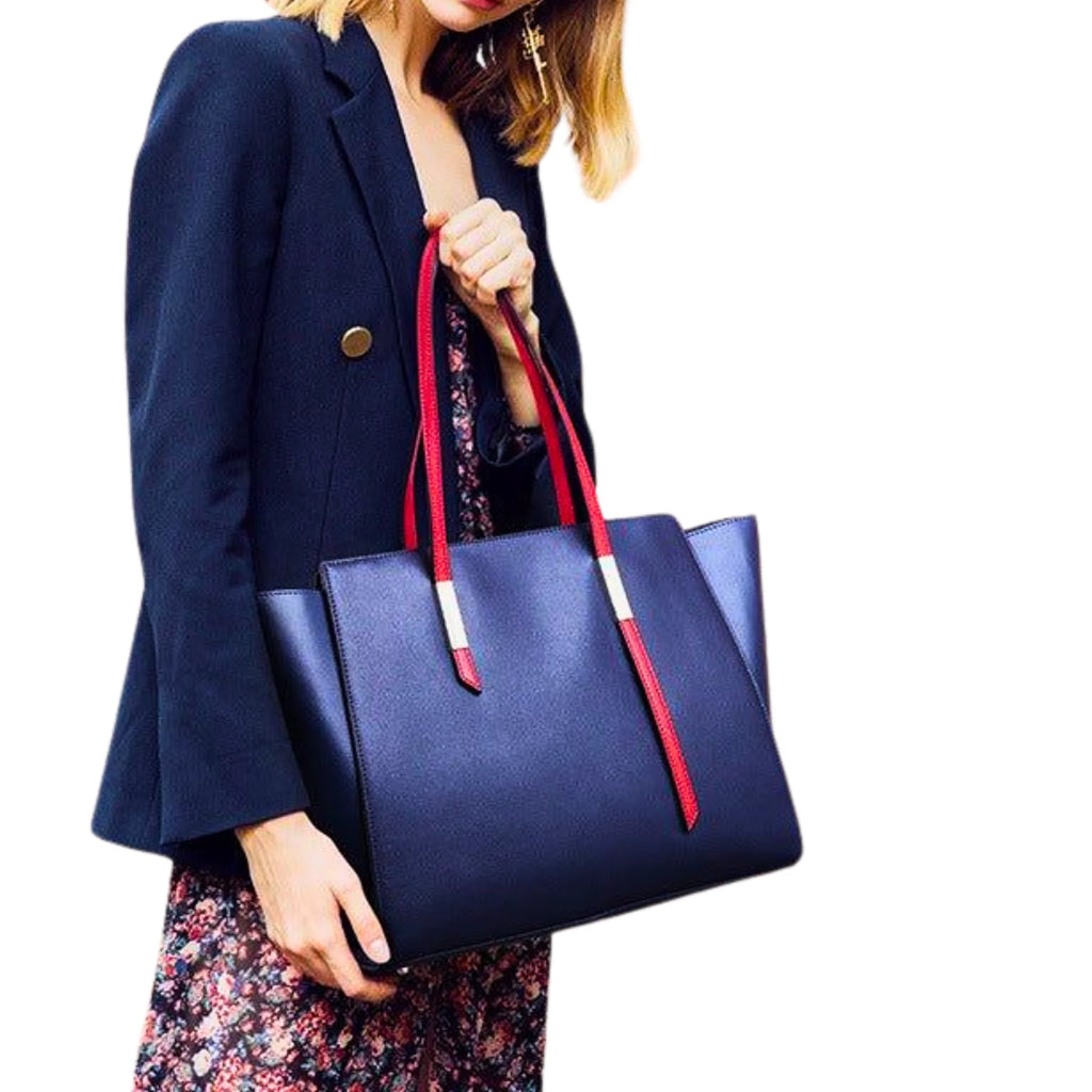 Grossformatige Navy-Tasche mit farbigen Griffdetails – ideal für Arbeit und City
