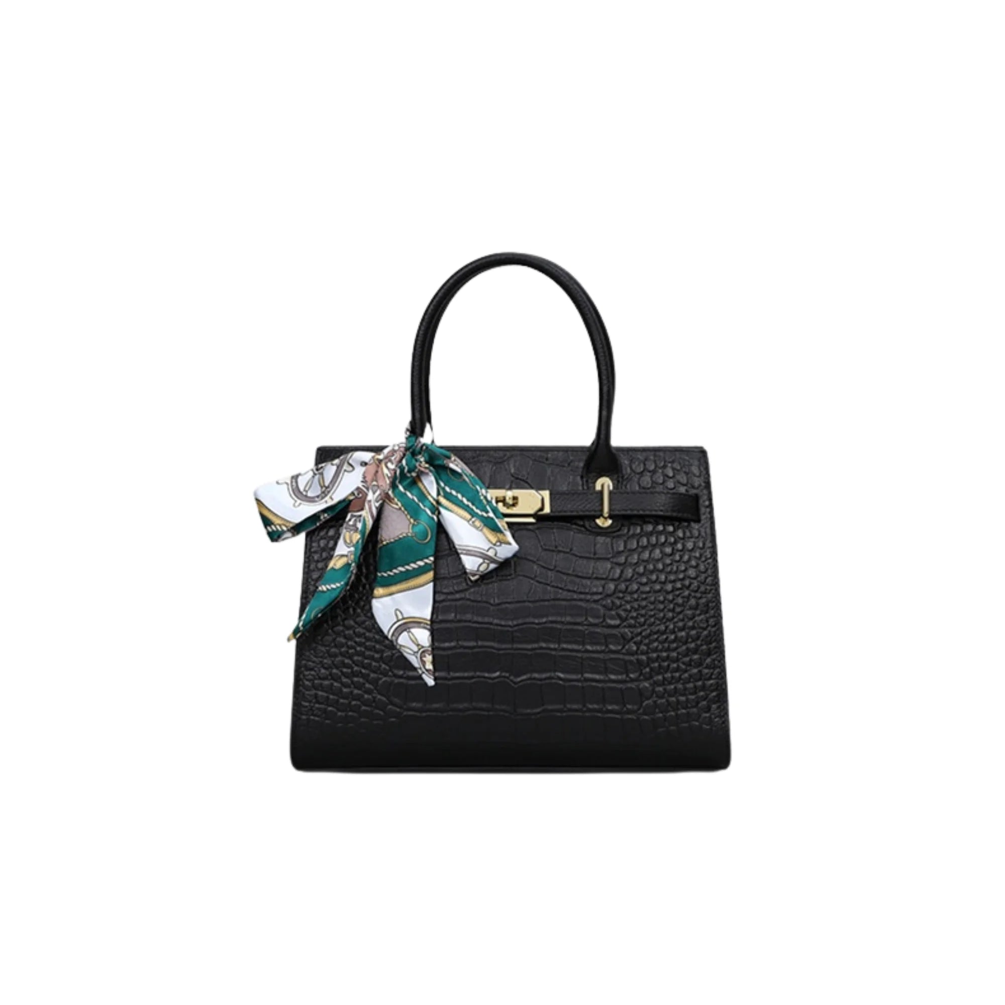 Damenhandtasche in schwarzer Croco-Prägung mit Halstuch und strukturierter Oberfläche