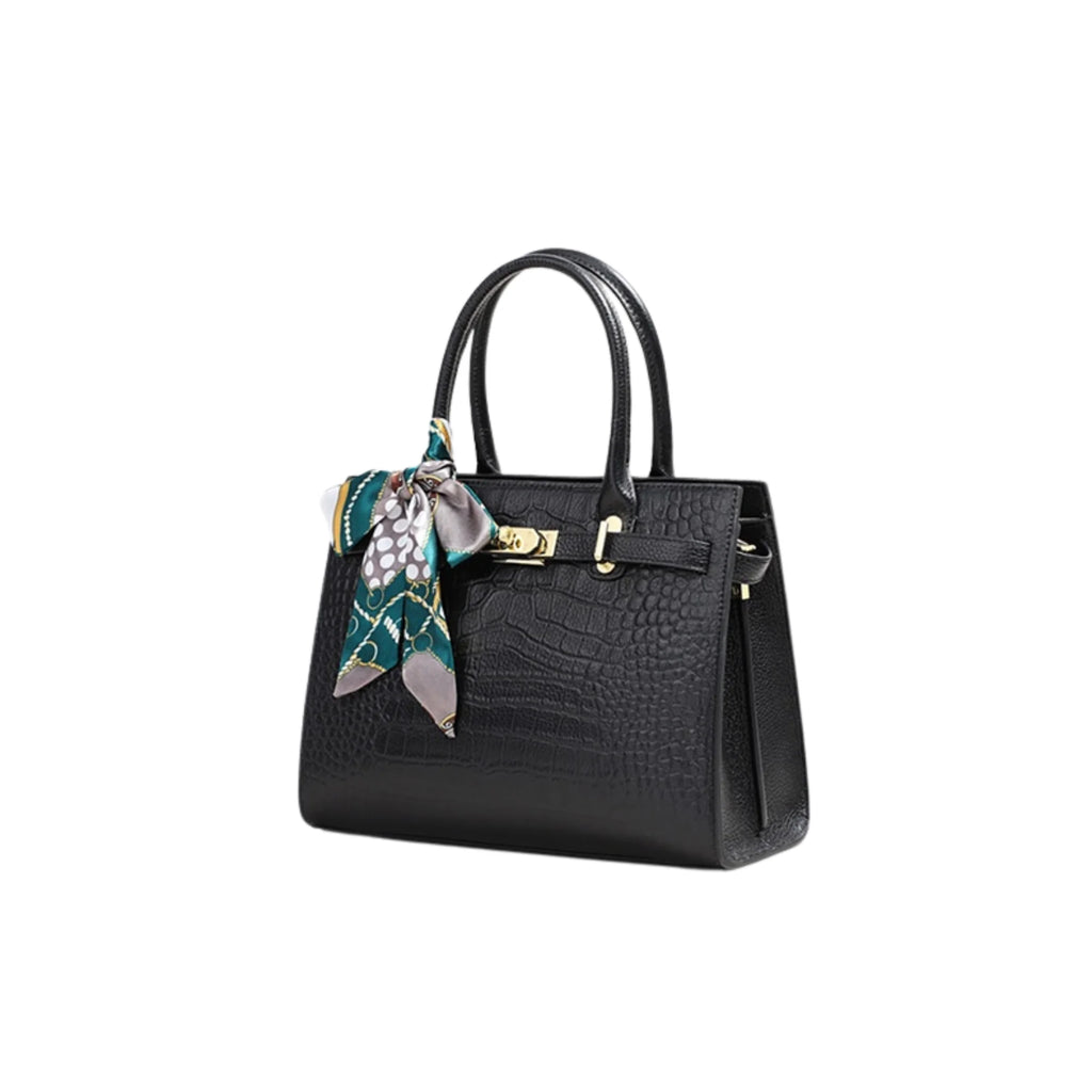 Rückseite der schwarzen Lederhandtasche mit Croco-Muster und Tragegriffen ohne Logo