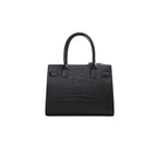 Seitliche Ansicht der schwarzen Croco-Tasche mit Tuch und goldener Schliesse