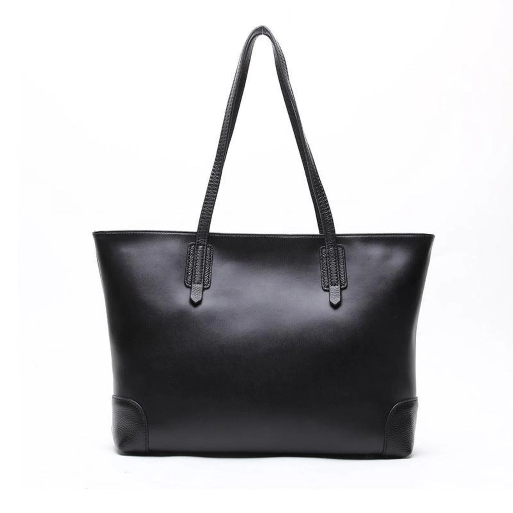 Schwarze Rindsledertasche mit Kontrastgriffen und strukturierter Form – modern und markenfrei