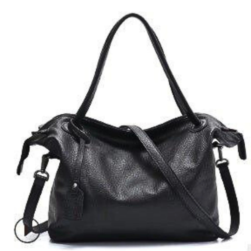 Schwarze Schultertasche aus Leder, gross, weich, strukturiert mit Doppelhenkeln und Gurt