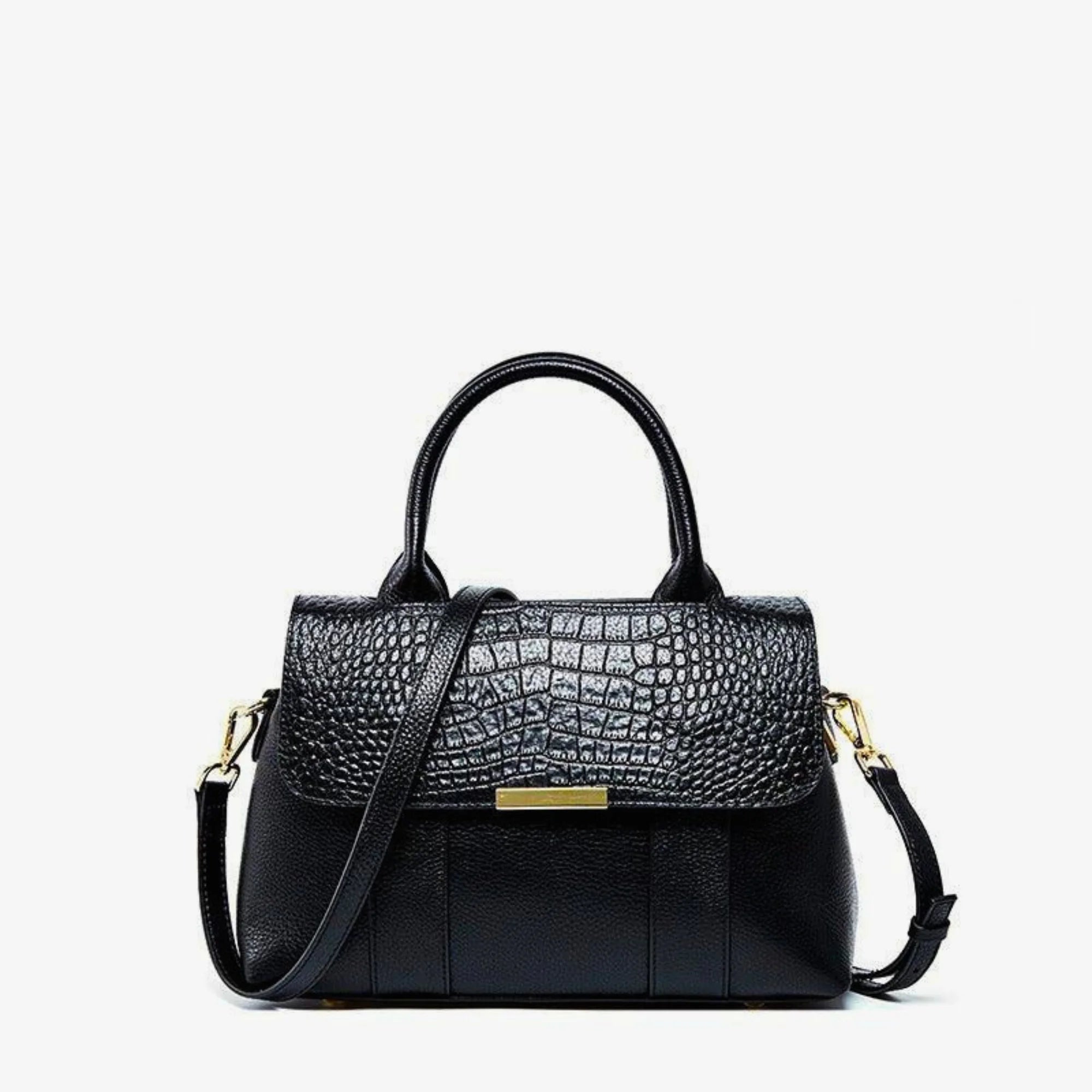 Schwarze Kelly-Tasche mit markanter Kroko-Textur, formstabiler Silhouette und kurzem Griff