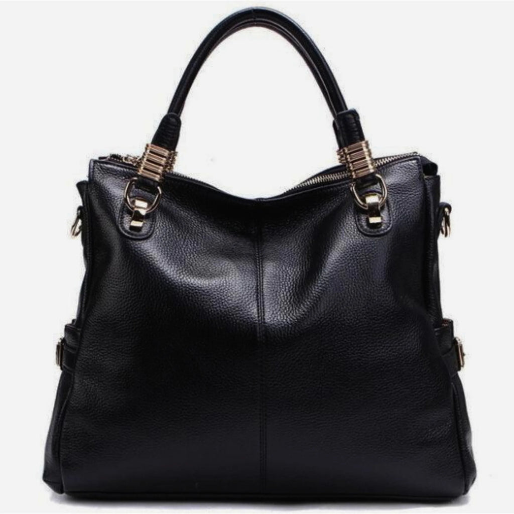 Schwarze Damenhandtasche mit Goldringen und strukturierter Oberfläche aus Echtleder