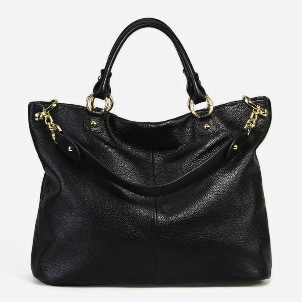 Schwarze Echtledertasche im Querformat mit Goldbeschlägen und doppelten Tragegriffen