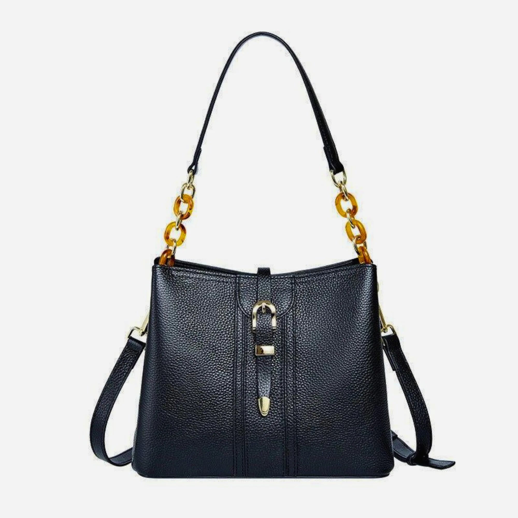 Freistehende schwarze Echtledertasche mit rundem Henkel und gerader Bodenform