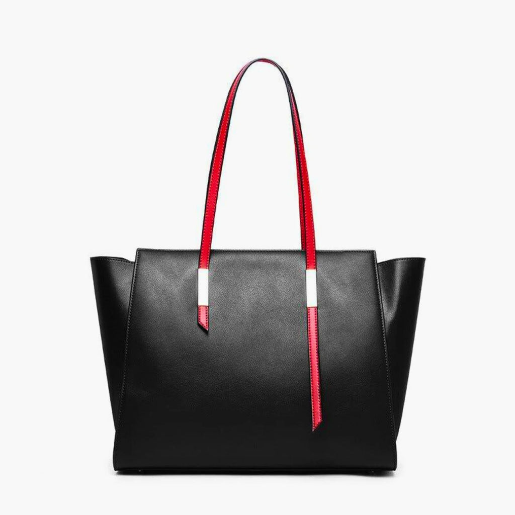 Schwarze Echtledertasche mit langen Henkeln in Rot-Schwarz – clean und kraftvoll