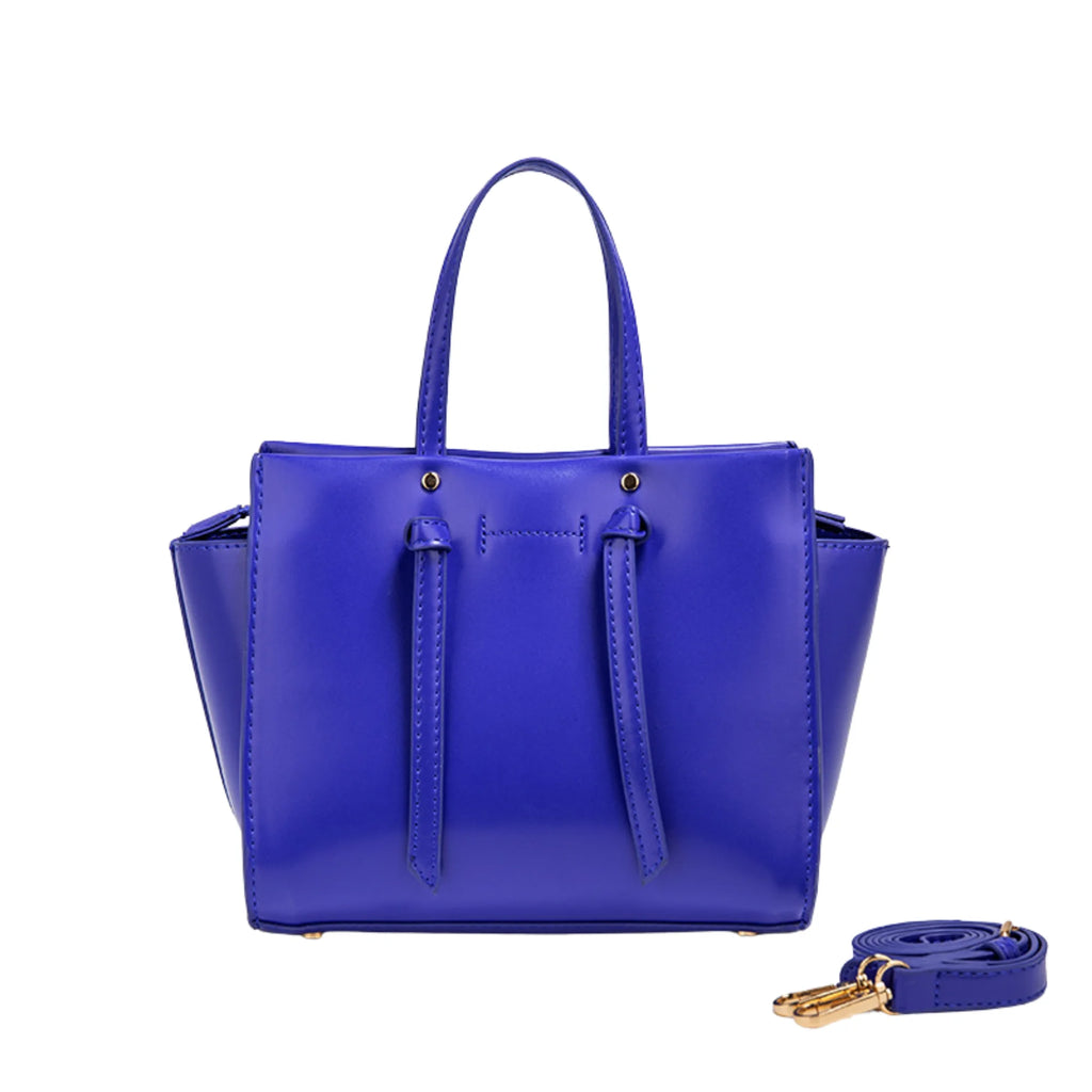 Indigoblaue Handtasche mit Schleifendetail und Kurzgriff, modern und glänzend