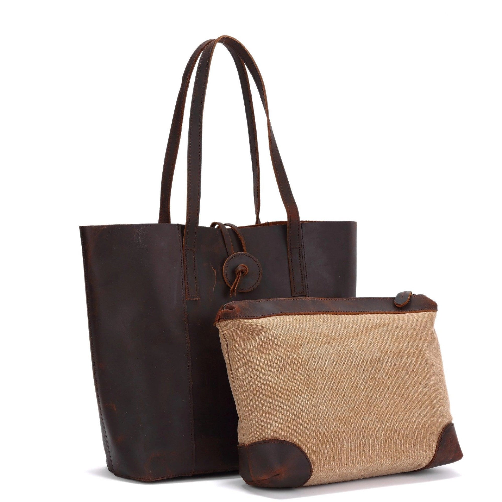 Echtleder-Shopper in Dunkelbraun mit beigem Innenetui aus Canvas – robust, natürlich und vielseitig
