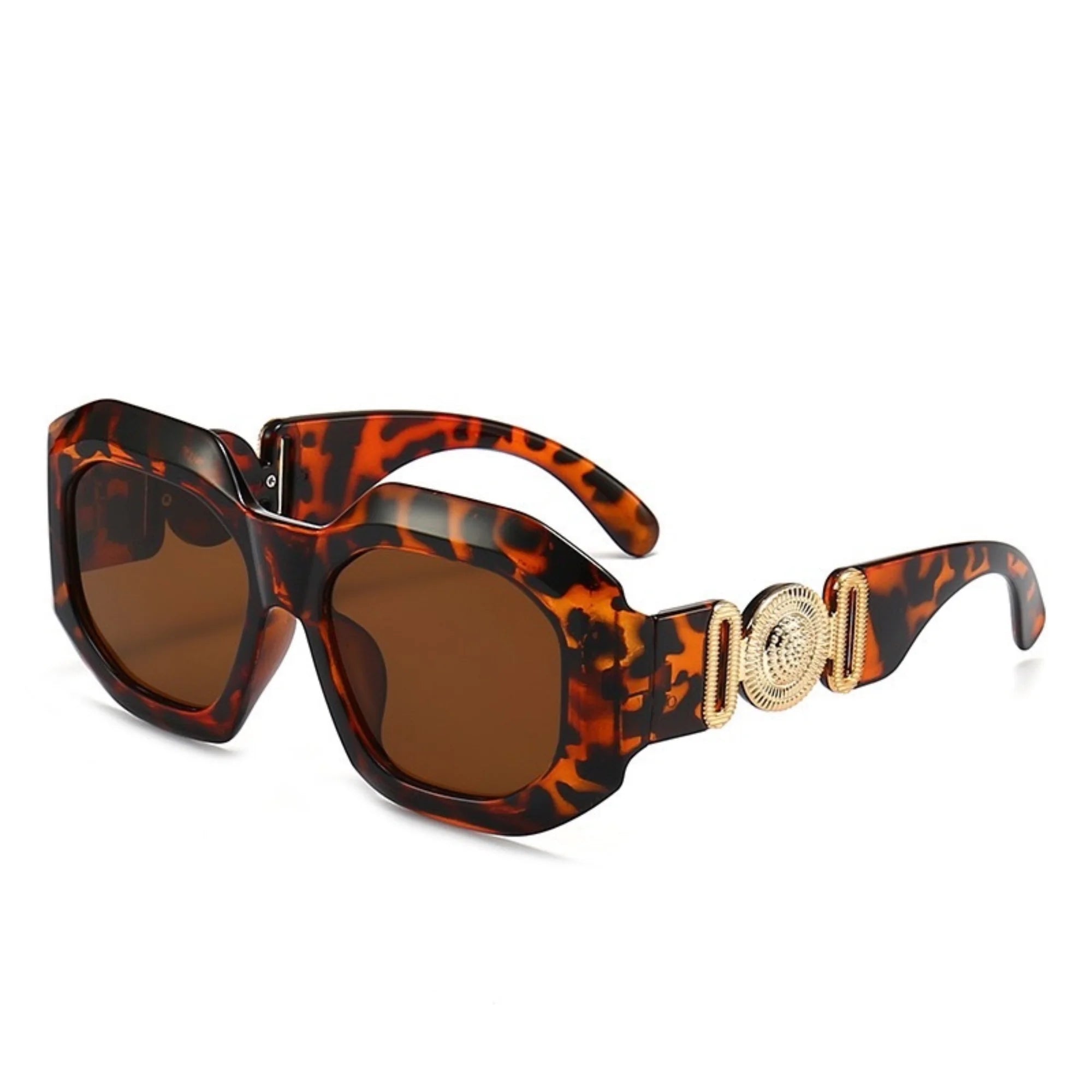 Sonnenbrille in Havanna-Optik mit braunen Gläsern und goldener Seitenstruktur – eckig geführt