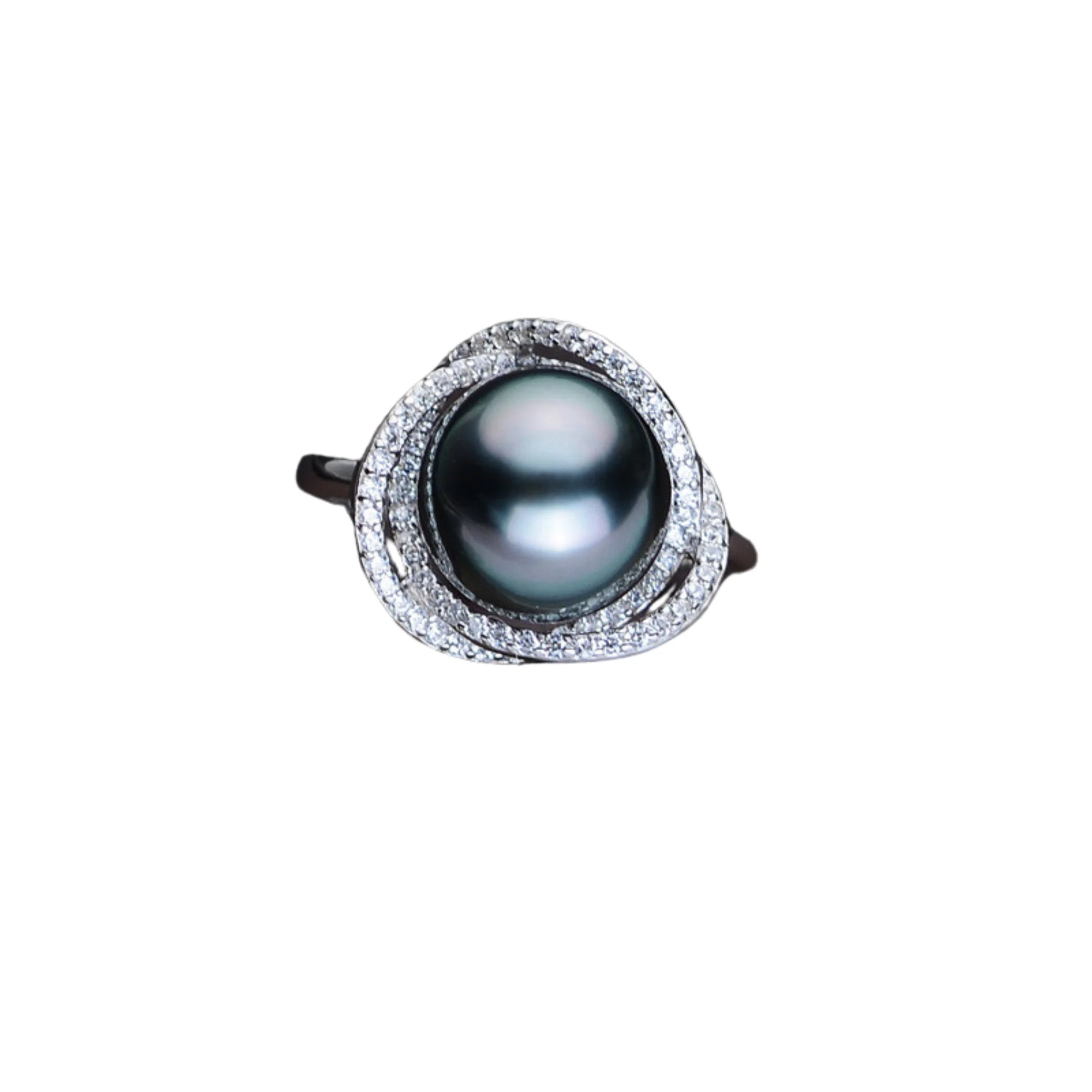 Ring mit schwarzer Perle und geschlossener Spiralstruktur aus glänzendem Silber