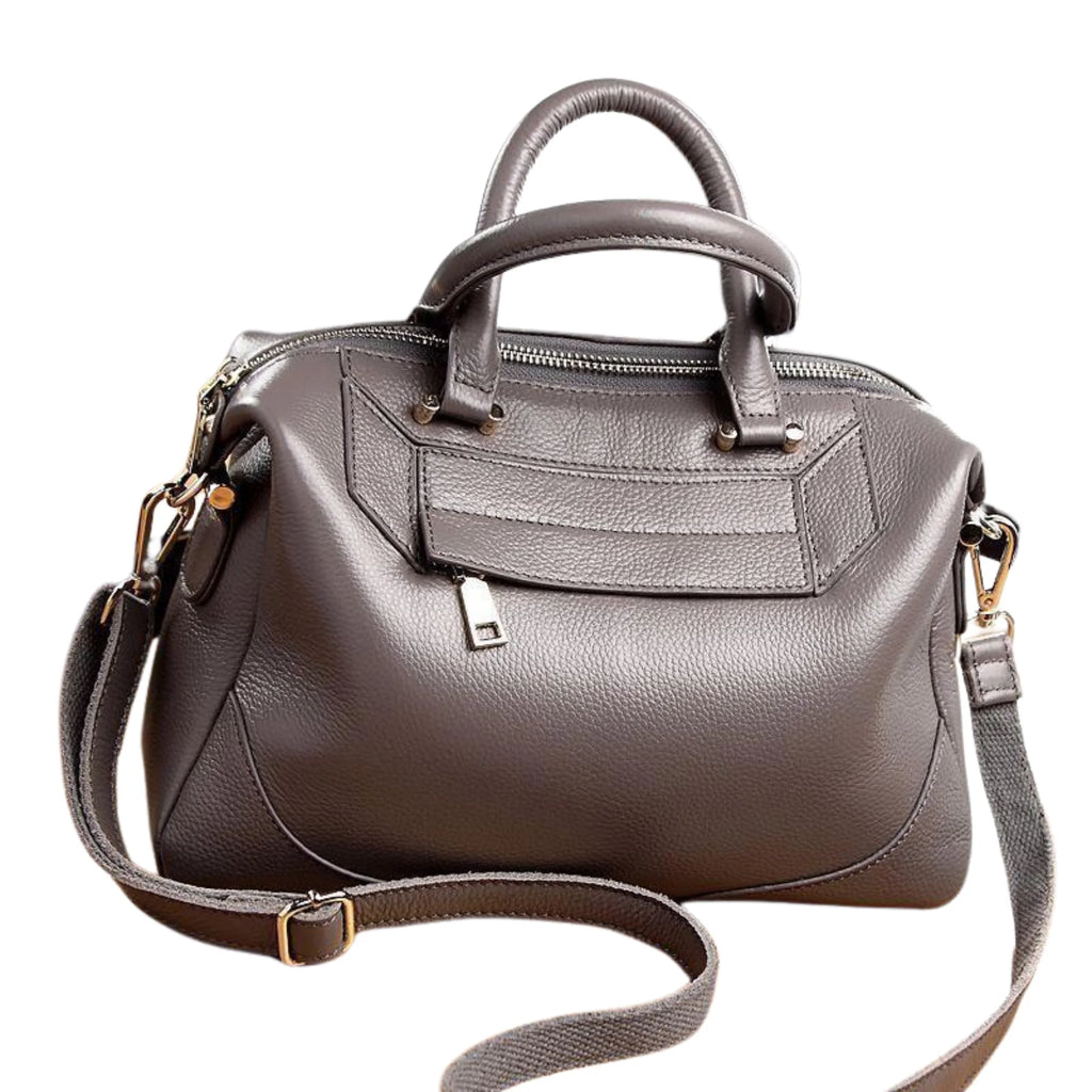 Taupefarbene Shell-Handtasche aus Echtleder mit Reißverschluss und Griffstruktur