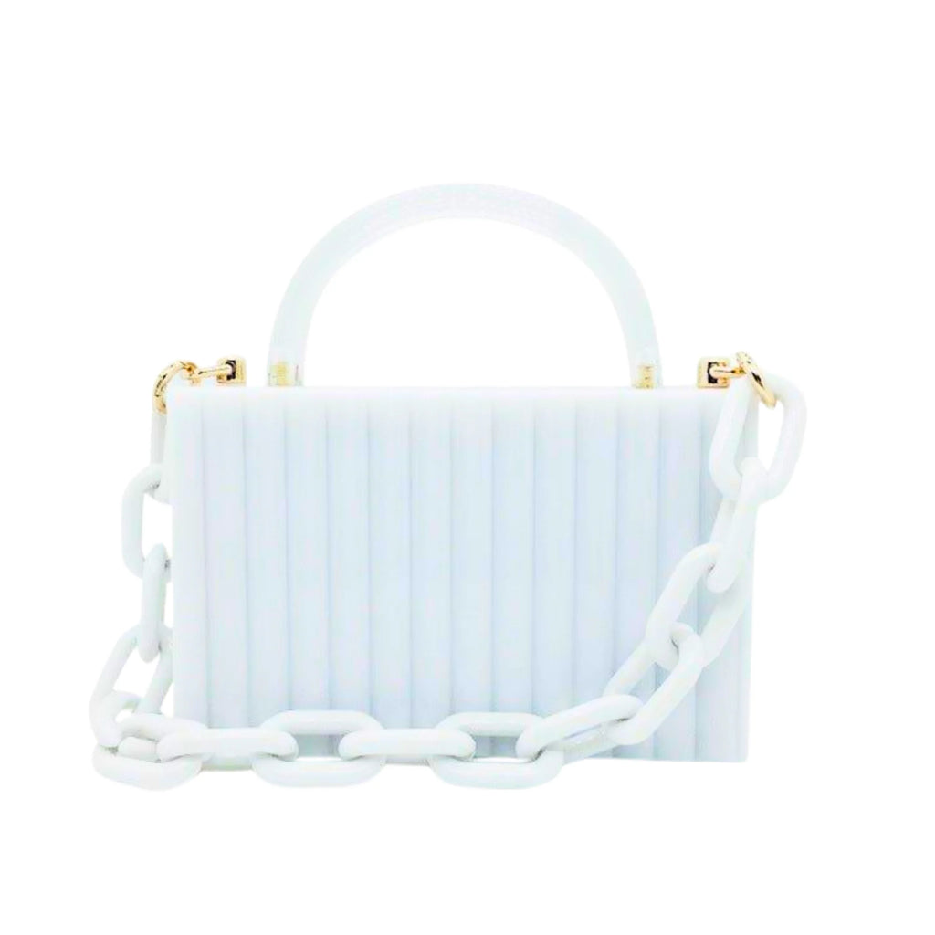 Acryl-Clutch mit weissem Gliedergriff – geometrisches Design mit Eleganz