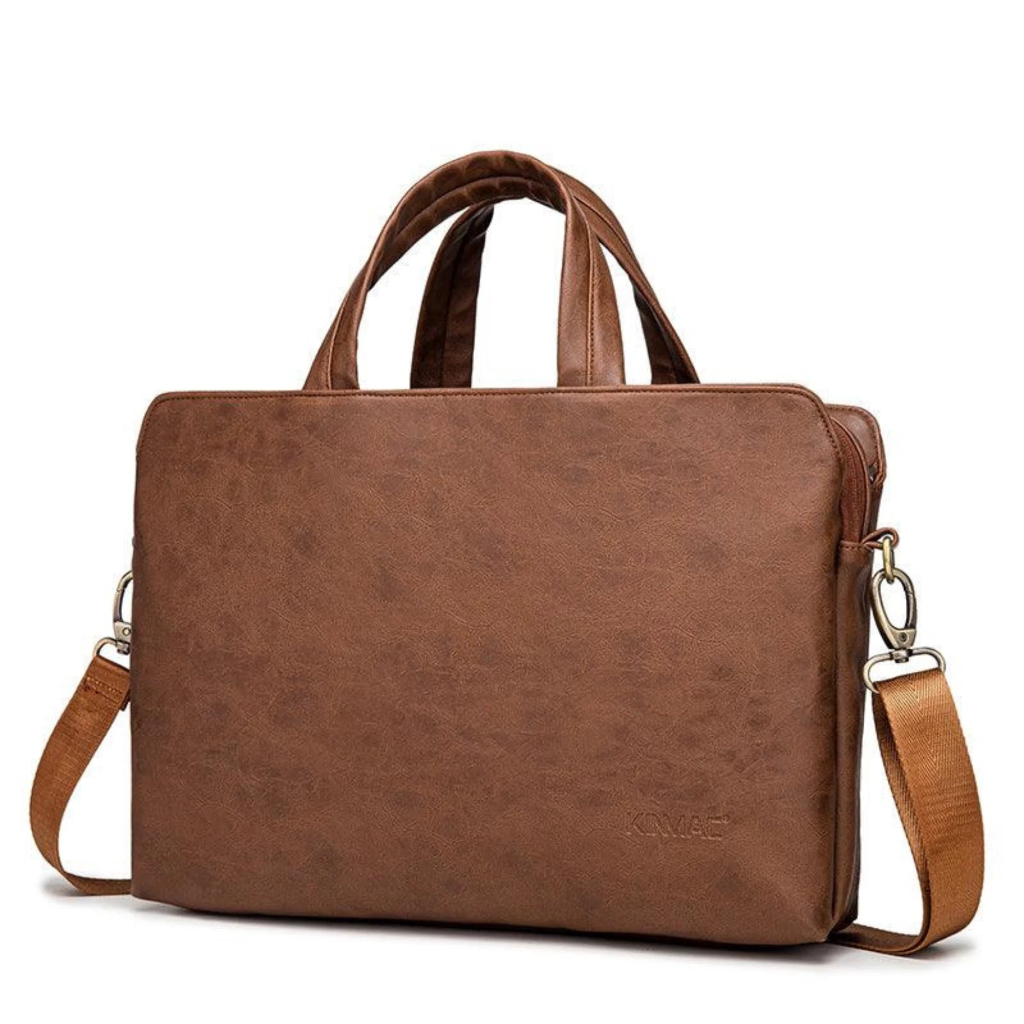 Frontansicht der Aktentasche in Cognac Amber – glattes Faux-Leder, mit Griff und Schultergurt, logofrei.