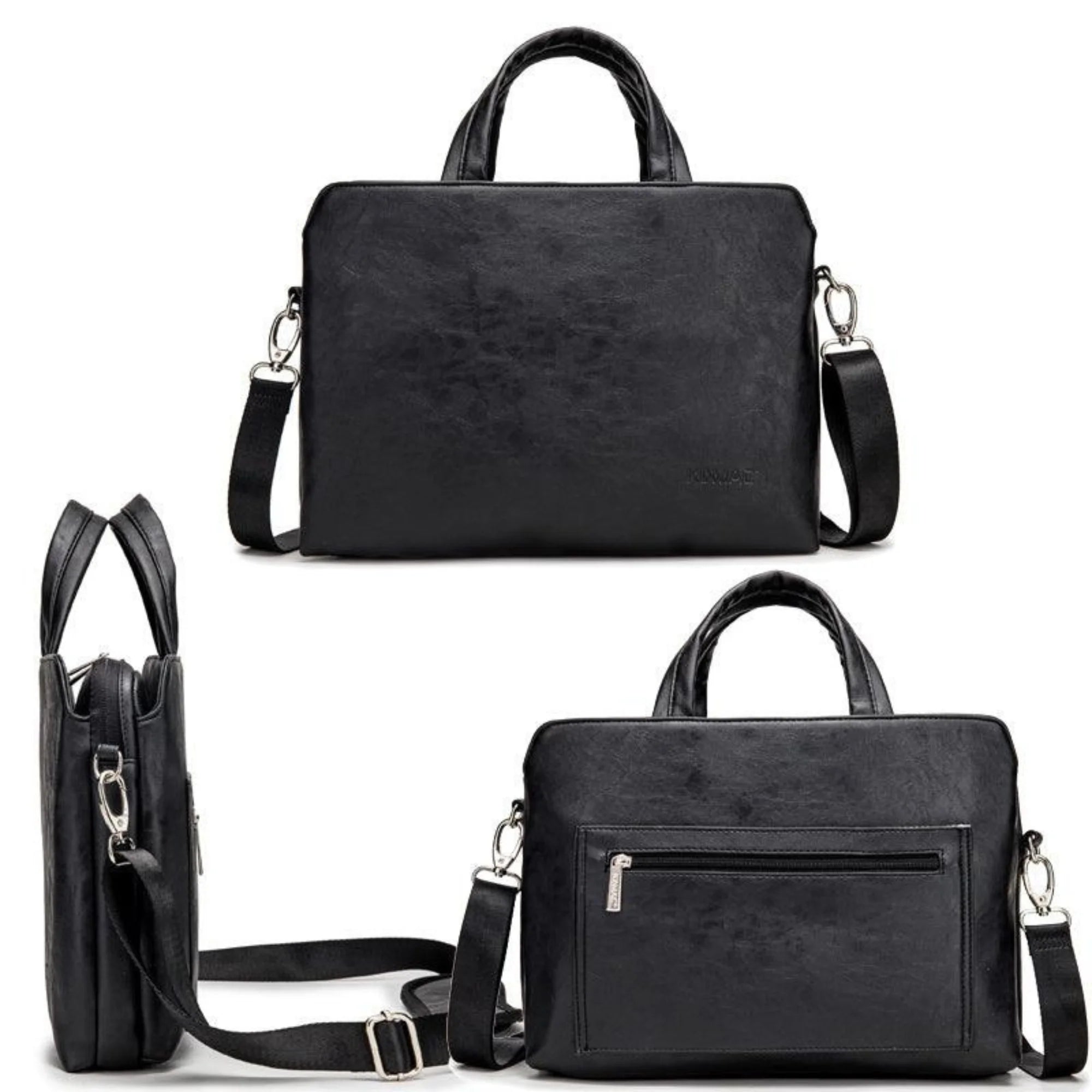 Aktentasche in Obsidian Black mit Rückentasche und Seitenansicht – schmaler Schnitt, komplett gepolstert.