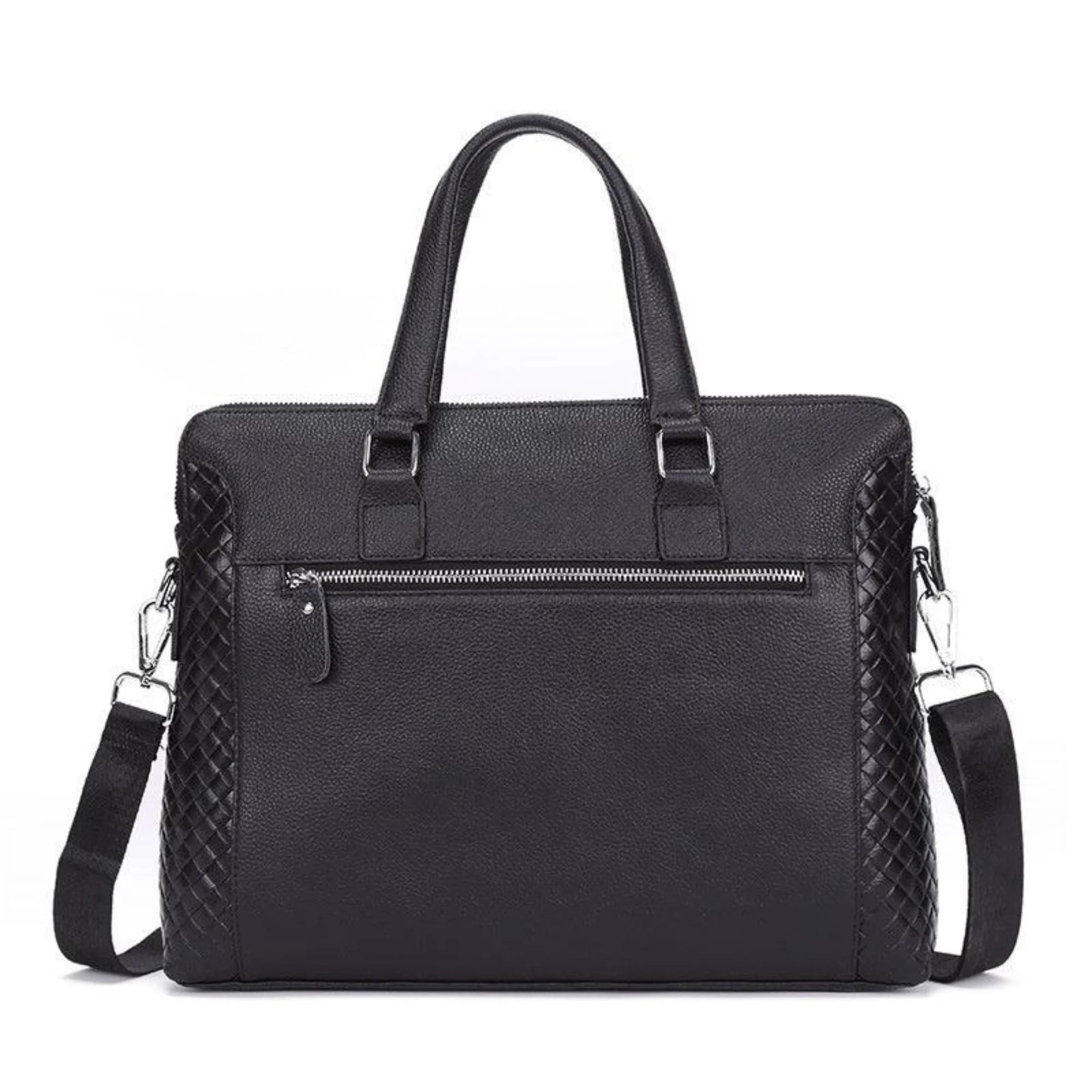 Echtleder-Aktentasche Obsidian Black mit Reissverschlusstasche hinten – ruhiges Design mit Struktur.