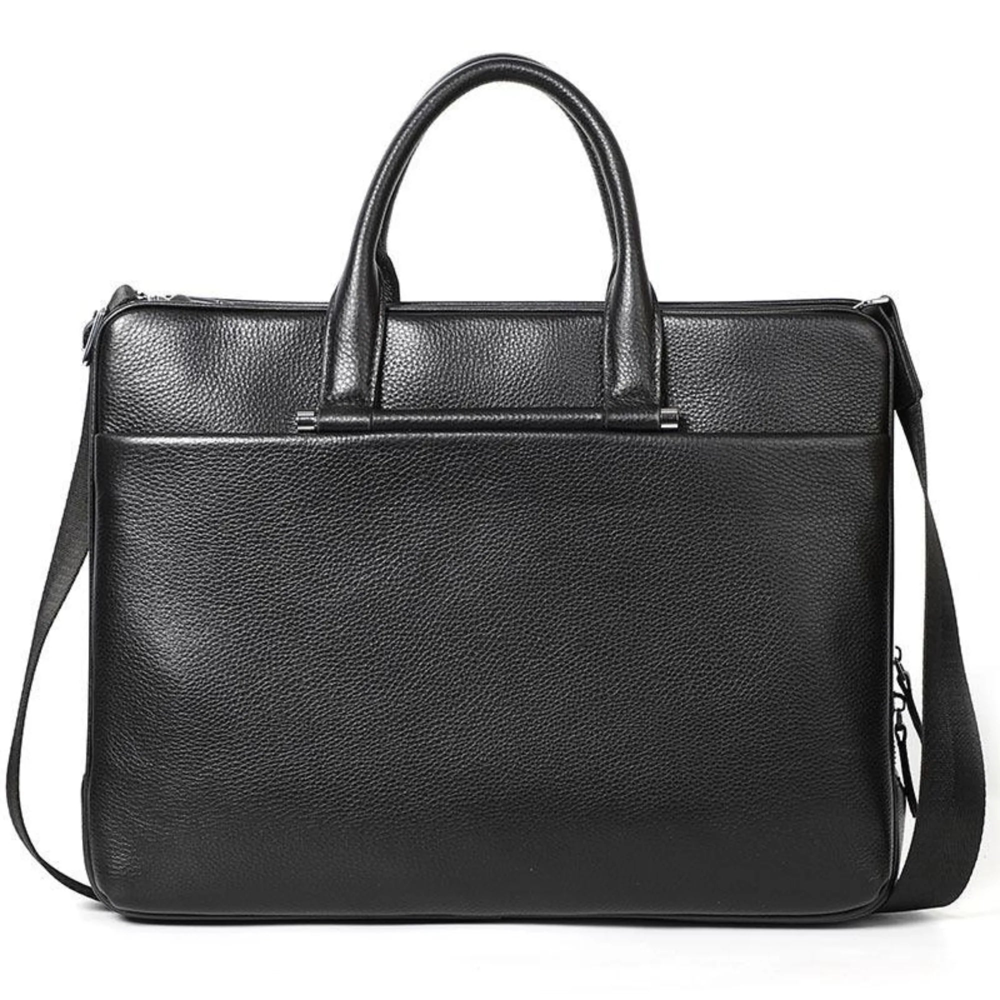 Echtleder-Aktentasche in Obsidian Black – Rückseite mit glatter Oberfläche, ohne Taschen oder Branding.