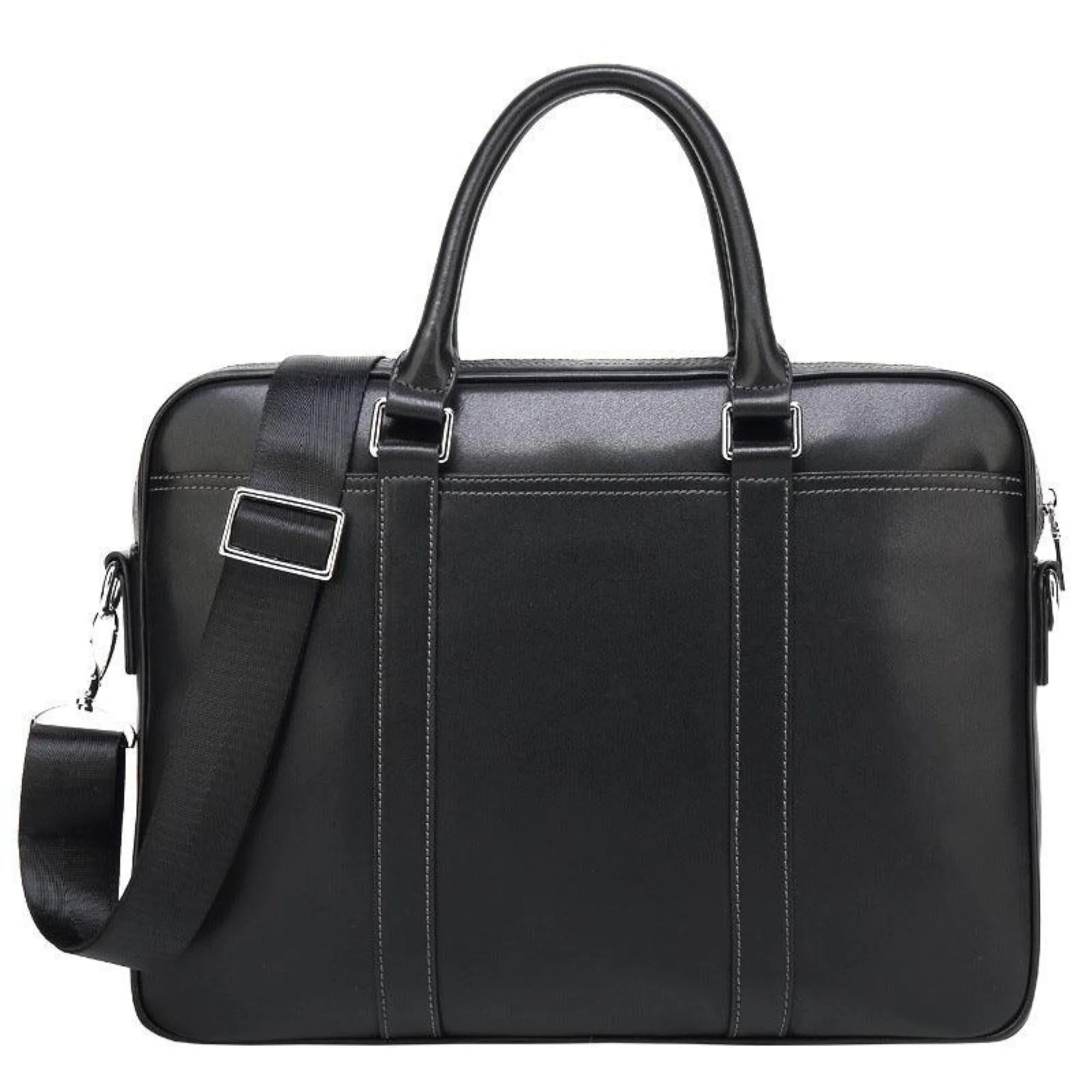 14-Zoll Business-Tasche aus schwarzem Leder – Frontansicht mit abnehmbarem Gurt und ergonomischen Griffen.