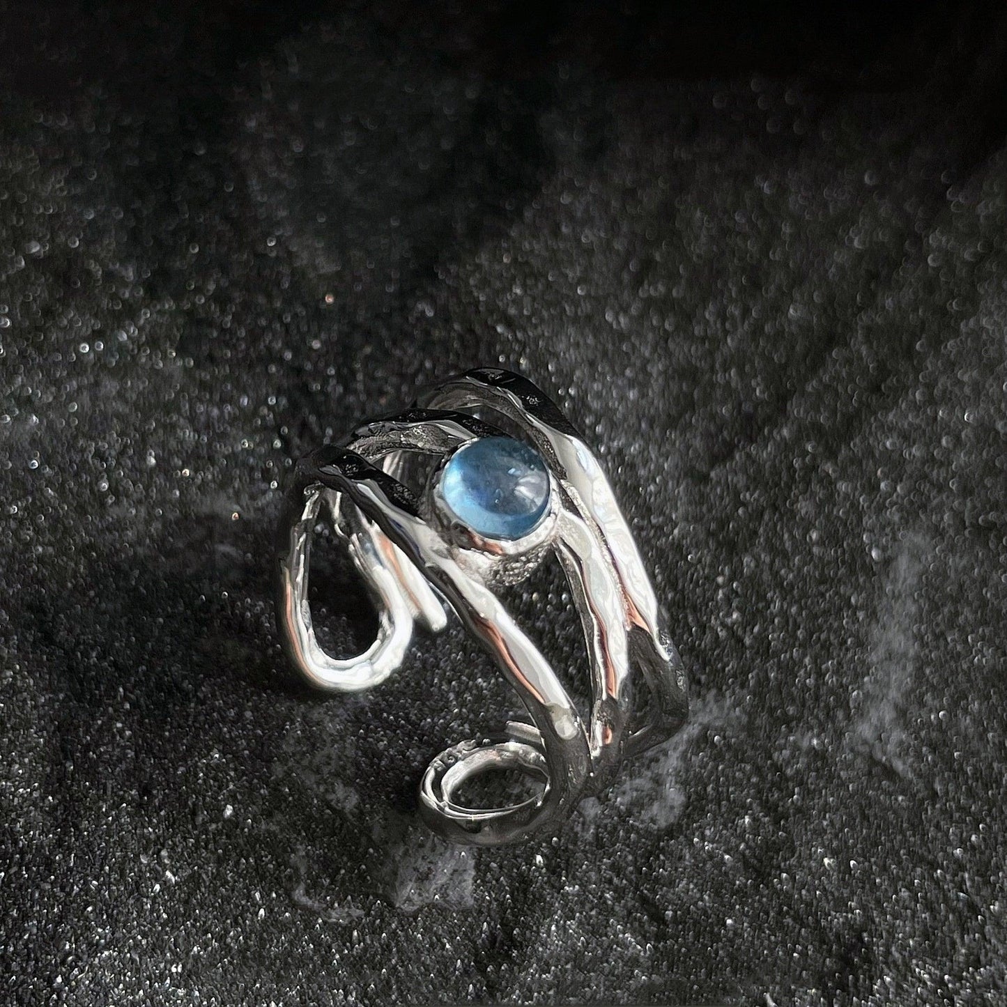 S925 Silver Three-layer Irregular Blue Ring