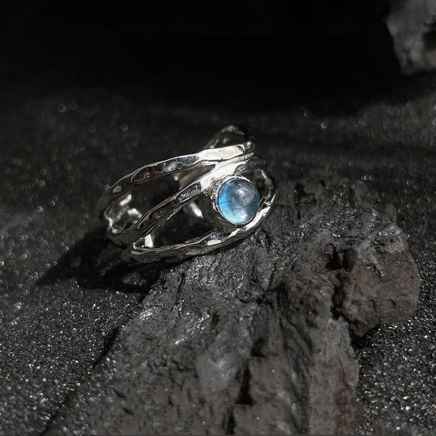 S925 Silver Three-layer Irregular Blue Ring