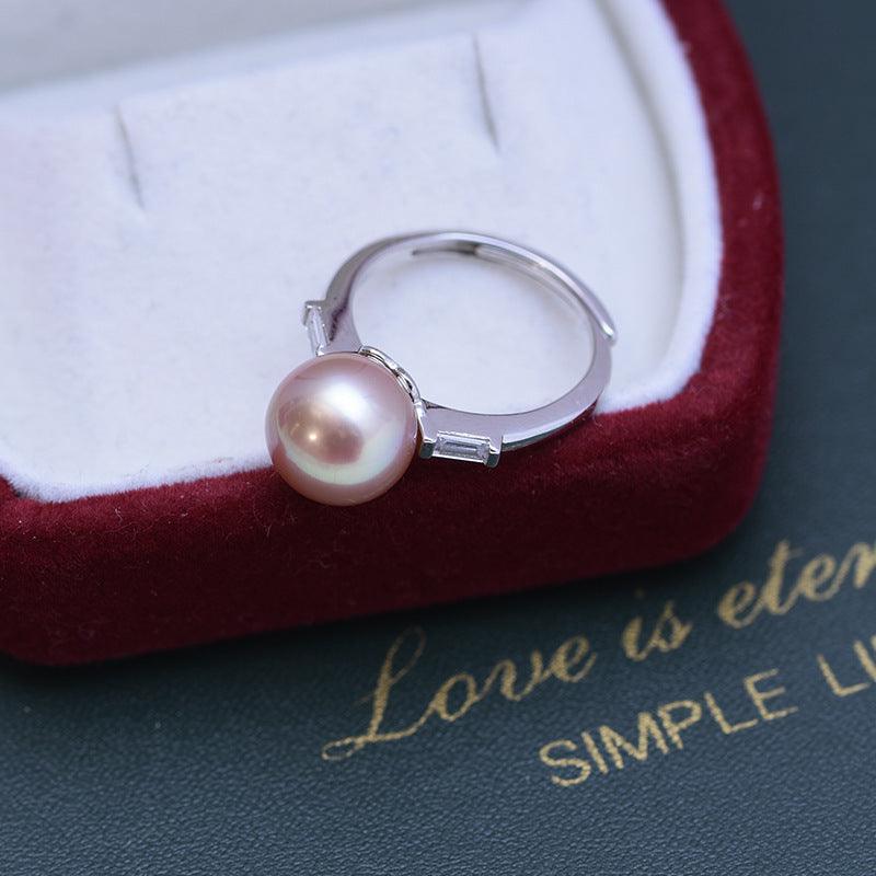 Freshwater 10-11mm White Perfect Circle Pearl Ring Female S925 Silver Simple Opening