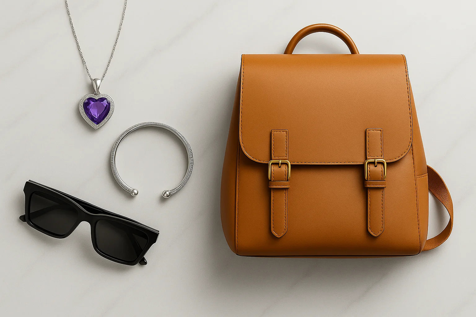 Flatlay auf Marmor mit braunem Leder-Rucksack, schwarzer Sonnenbrille, silbernem Armreif und Halskette mit violettem Herzanhänger – Bodison Hero Banner