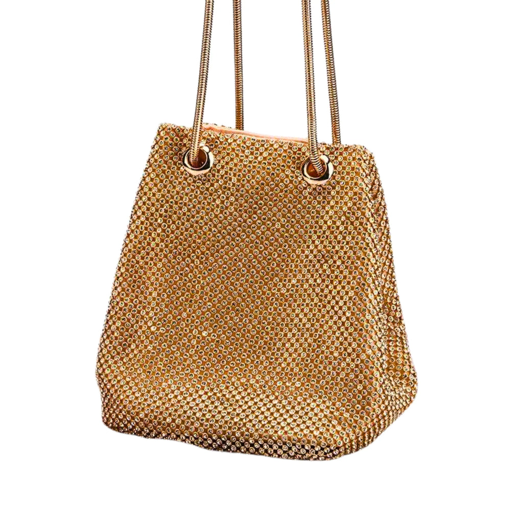 Seitliche Ansicht der Strass-Tasche in Champagne Gold – edel, funkelnd, kompakt