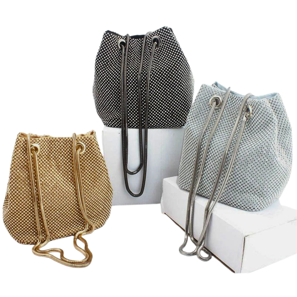 Farbkombi: Champagne Gold, Black Onyx und Diamond Silver – Strass-Bucketbag Trio für Events