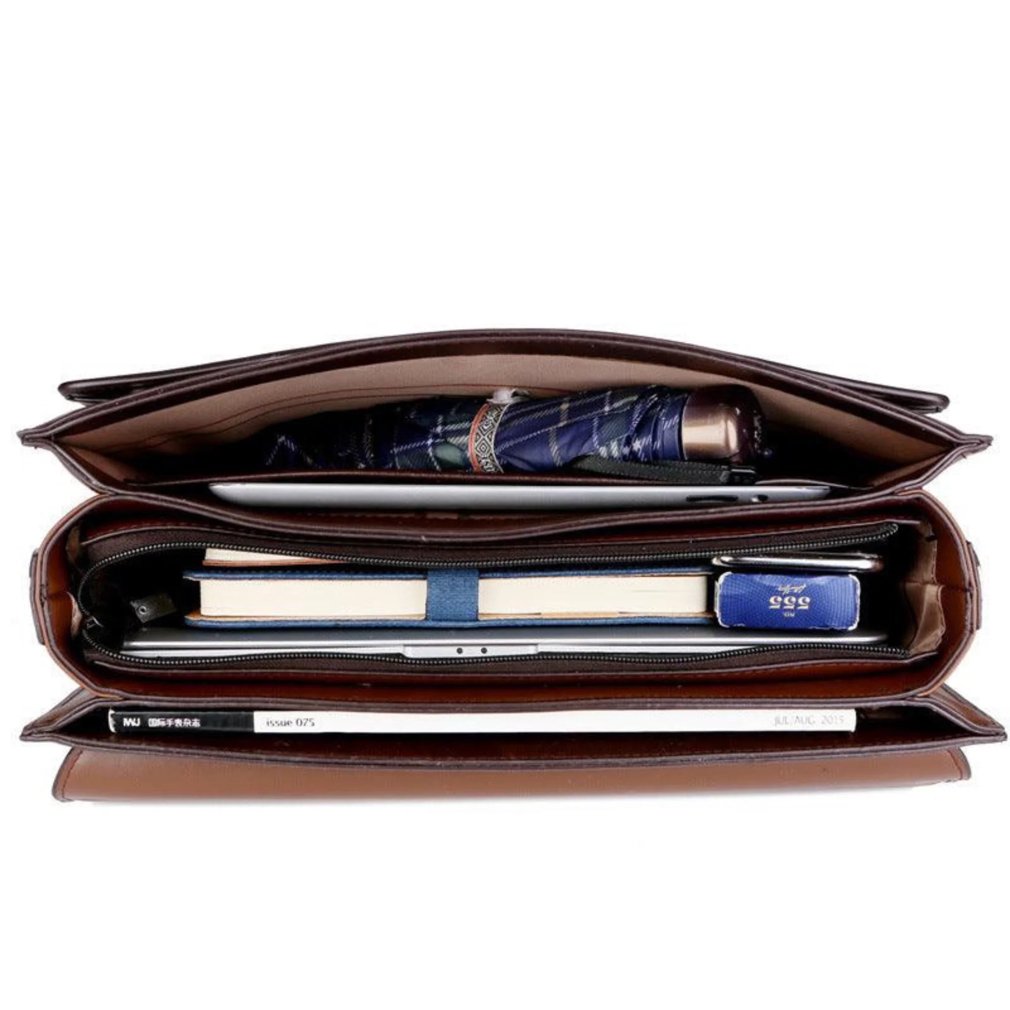 Innenansicht der Tasche mit Ordner, Laptop, Regenschirm und Notizbuch – strukturiert, durchdacht, funktional.