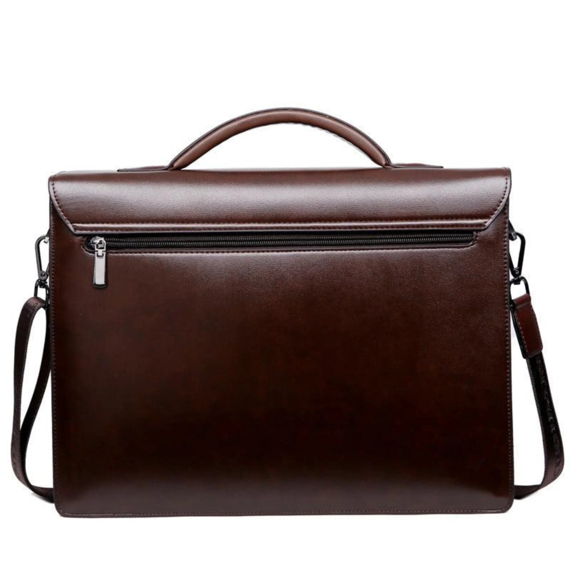 Rückseite der Cognac Walnut Tasche – schlankes Design mit Zipperfach, fester Griff, sachliche Präsenz.