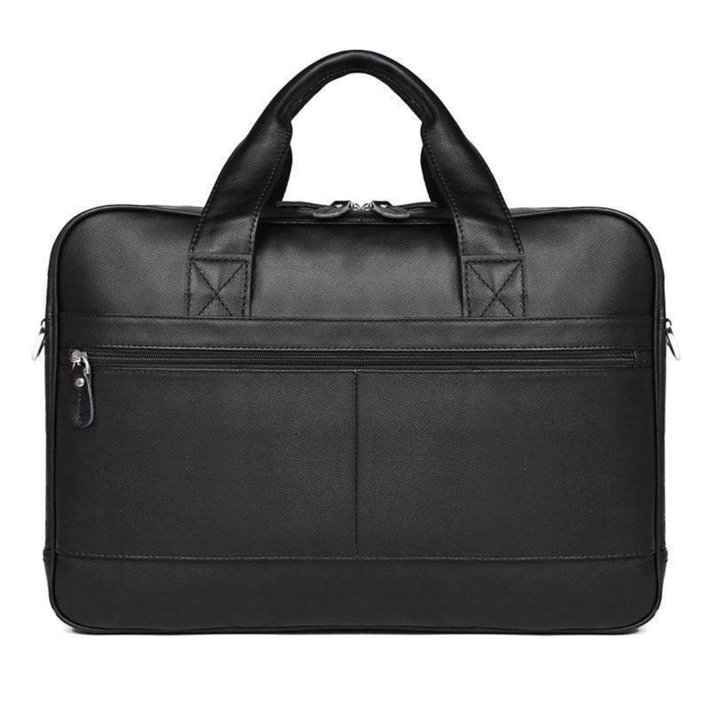 Business-Tasche in Graphite Black – glattes Echtleder, 17-Zoll-Format, Frontfach mit Reissverschluss, logofrei.