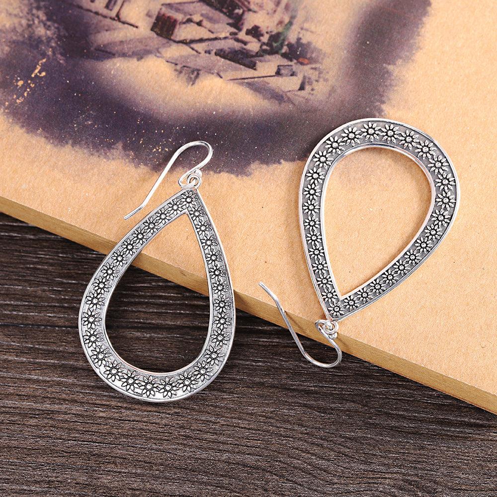 Women's Fashion Silver Engraved Floral Drop Earrings