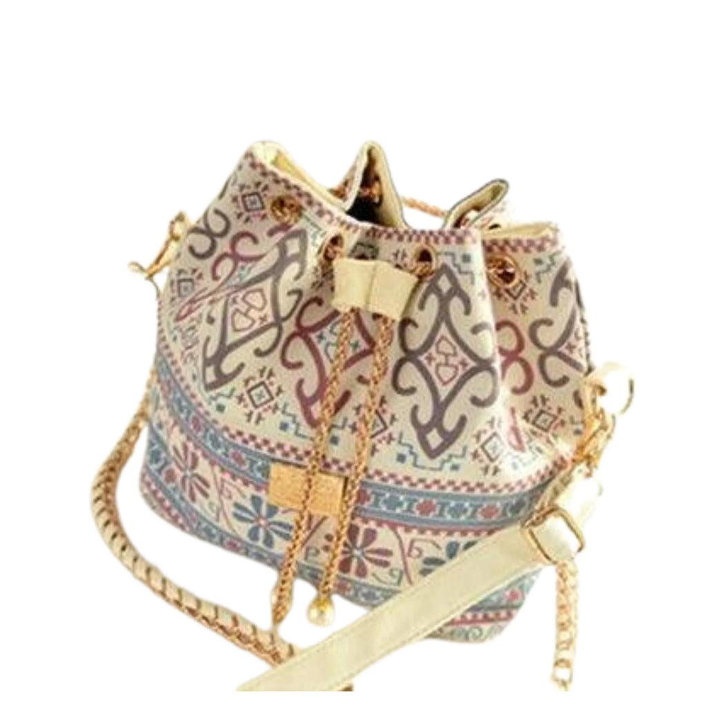 Freigestellte Ansicht der Canvas-Tasche mit Earth Pattern, weiches Baumwollmaterial, Zugband-Verschluss