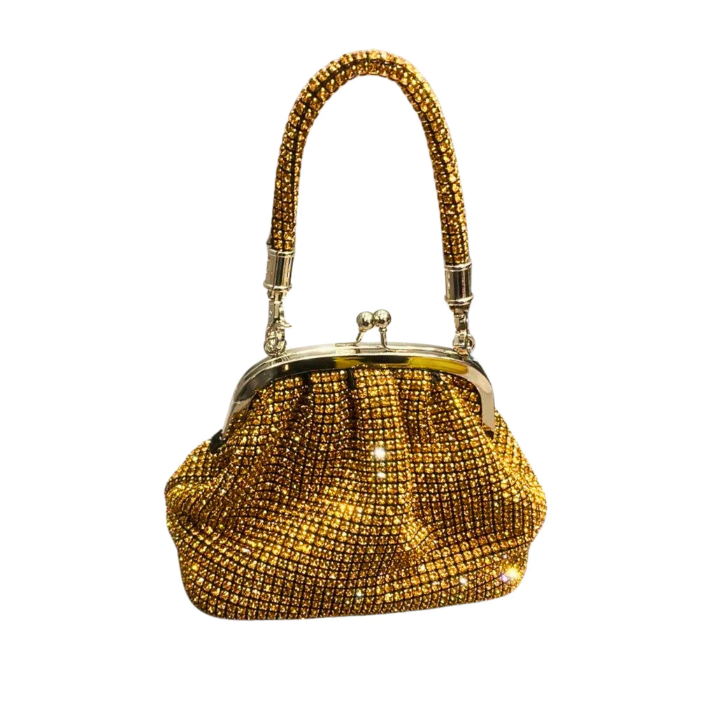 Glitzernde Schultertasche in Champagne Glimmer – strukturiert mit goldenem Henkel und Retroverschluss