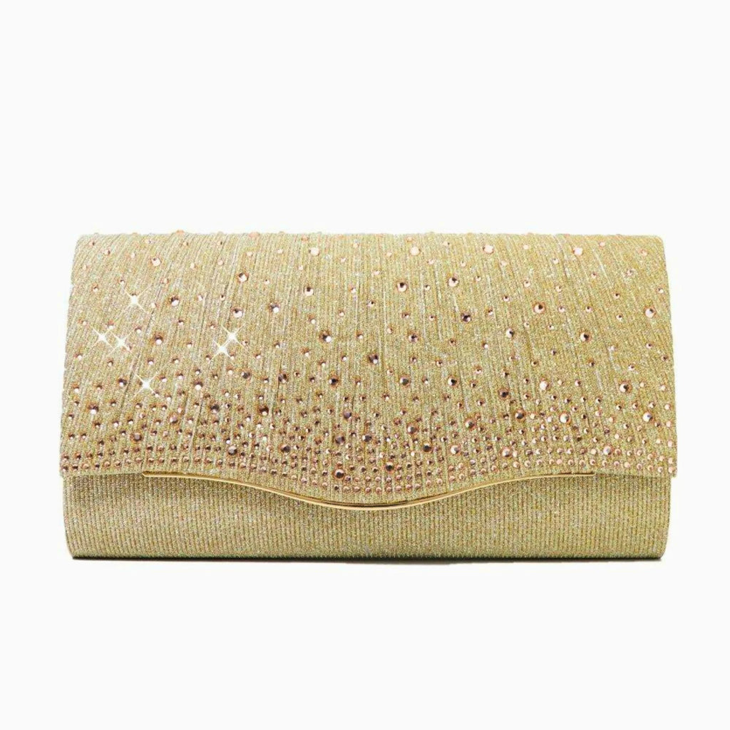 Goldfarbene Clutch mit funkelndem Strass und glitzerndem Stoff – perfekt als festliches Accessoire zu Nude- oder Pastelltönen