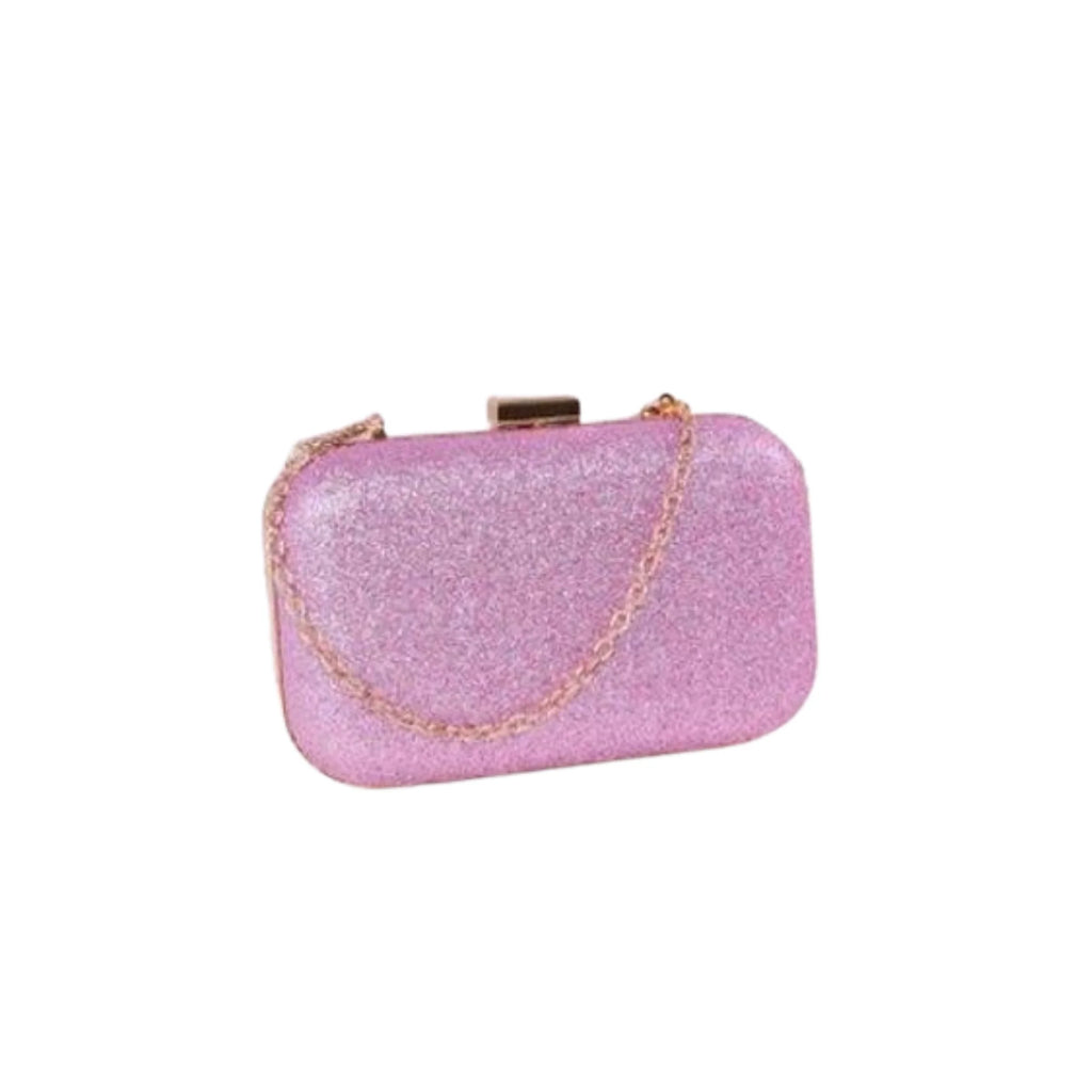 Pinkfarbene Glitzer Clutch mit goldener Kette – kompakt & funkelnd für Party oder Hochzeit