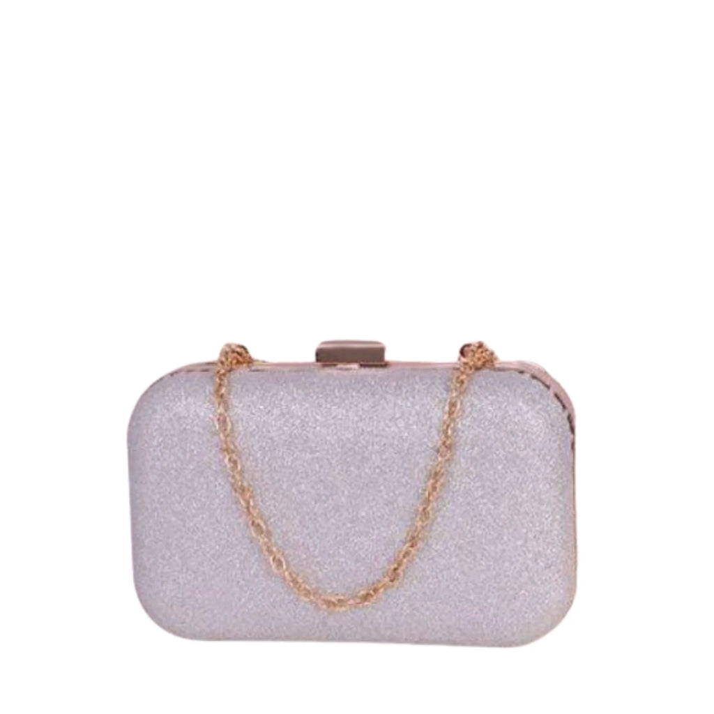 Roséfarbene Glitzer Clutch – eleganter Begleiter mit weichem Schimmer und Kette