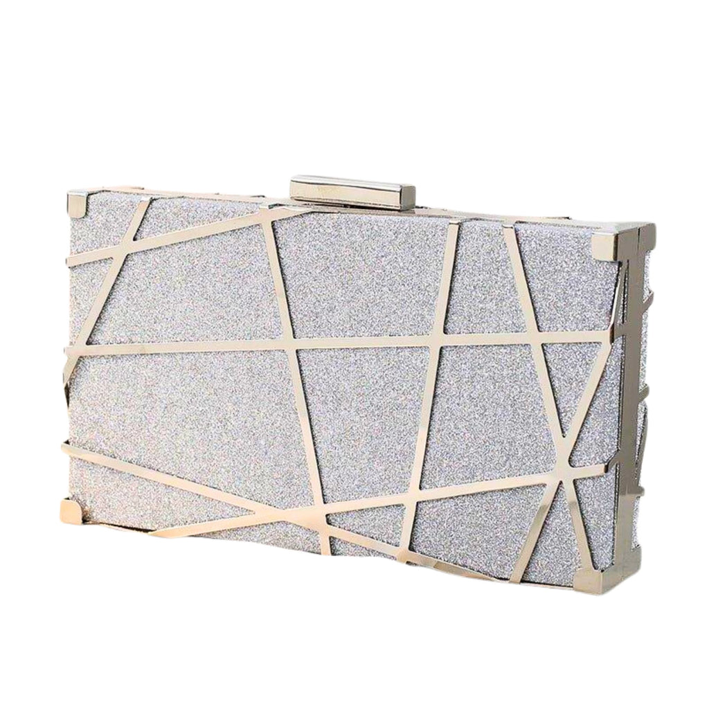 Geometrische Clutch in Silver Grid – glitzerndes Design mit goldfarbenem Metallrahmen