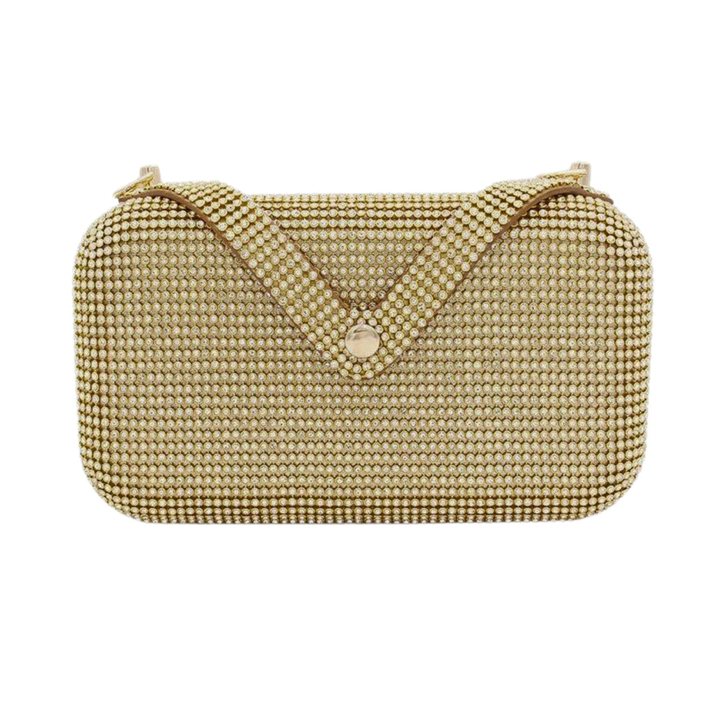 Glanz Clutch in Soft Alloy – klarer Look mit V-Verschluss und Nietenoptik