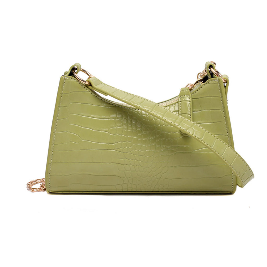 Crossbody-Tasche in Olive Gloss mit feiner Krokostruktur – clean, urban, trendy
