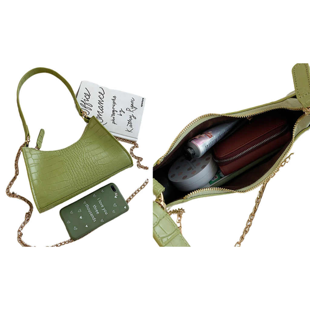 Innenansicht der Olive Gloss Crossbody – Platz für Essentials: Handy, Portemonnaie, Lippenpflege