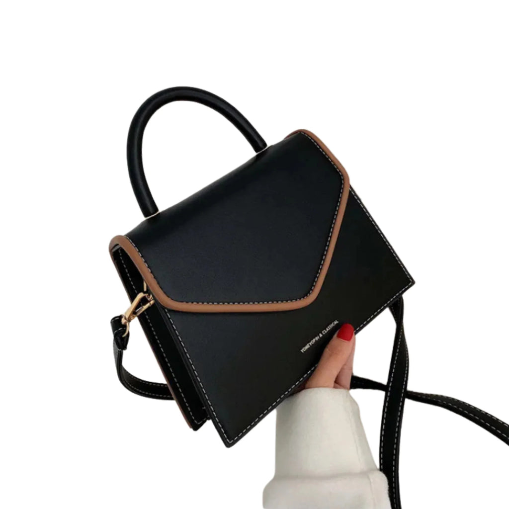 Schwarze PU-Tasche mit braunem Rand – cleanes Design, minimalistisches Format, vielseitig tragbar