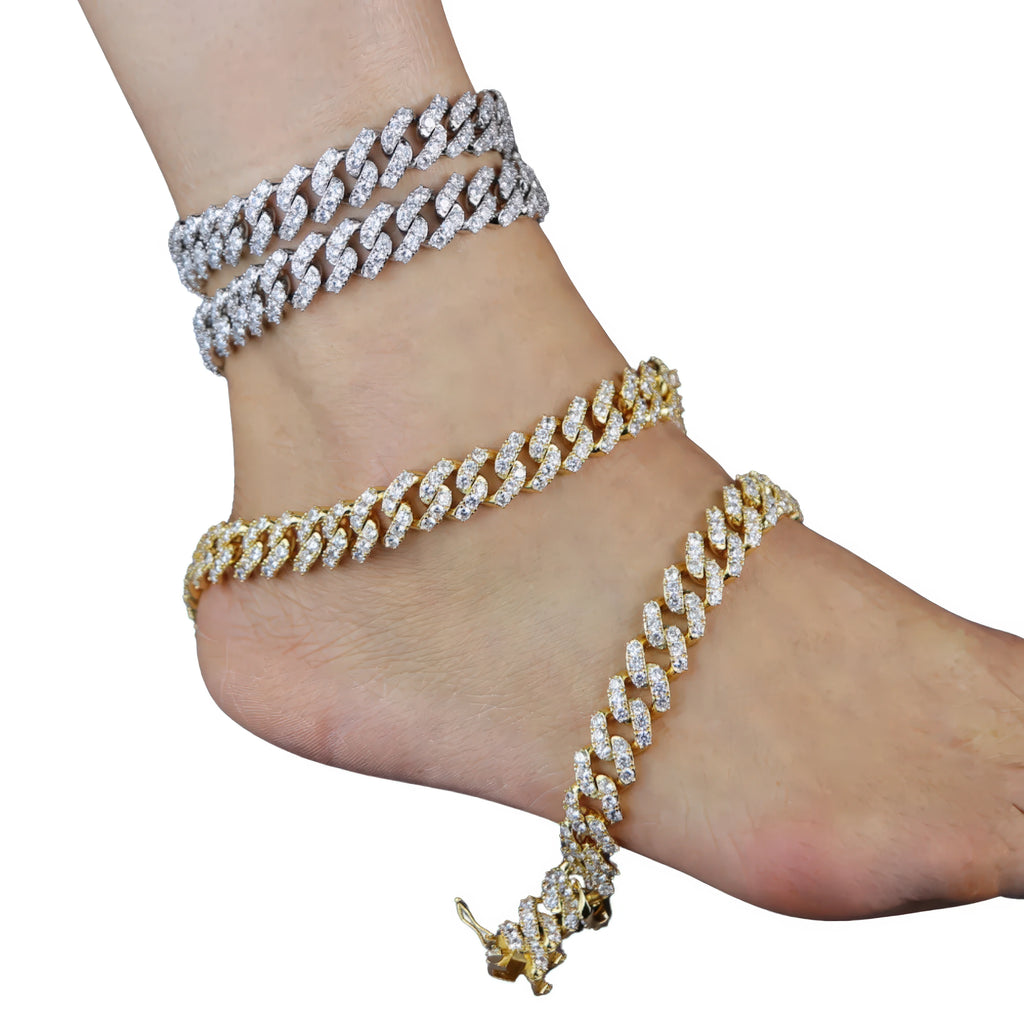 Damen Fusskettchen Cuban 14 mm breit – vergoldet mit Zirkonia