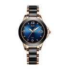 Blau-schwarze Damenuhr mit Gliederarmband in Rosé – frontal
