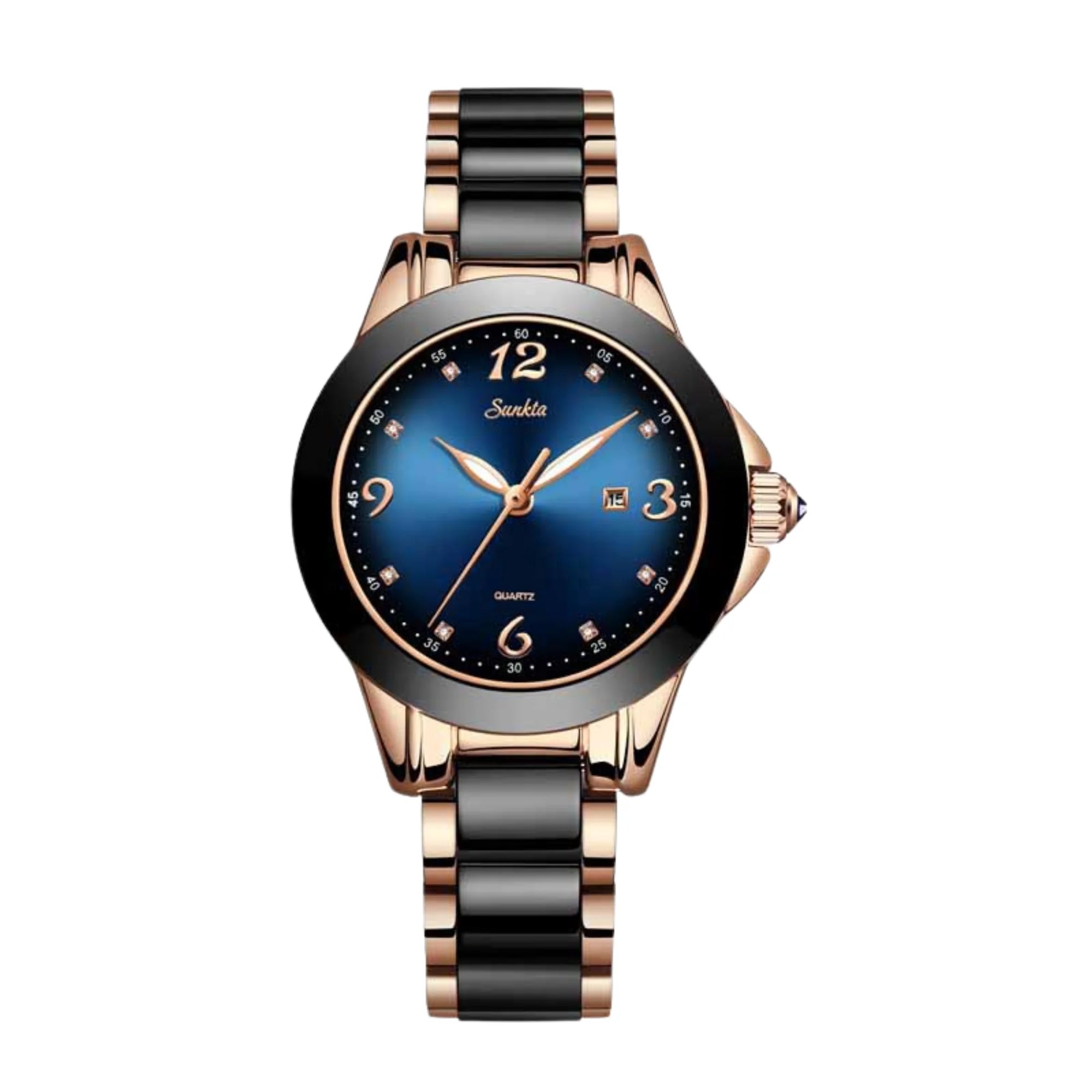 Blau-schwarze Damenuhr mit Gliederarmband in Rosé – frontal