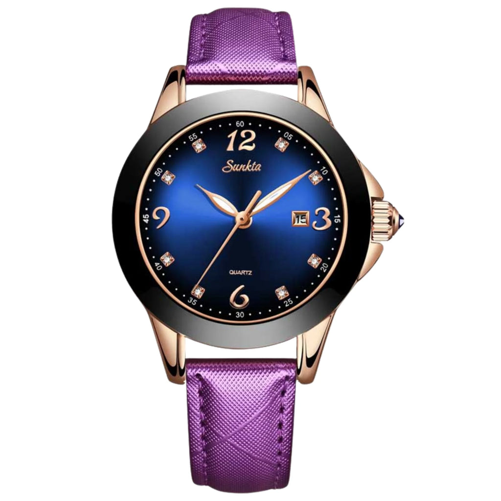 Damenuhr Rosé mit blauem Zifferblatt und lila Lederband – frontal