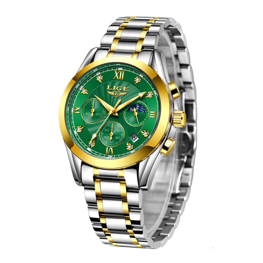 Damenarmbanduhr mit grünem Zifferblatt und Goldmix – frontalansicht