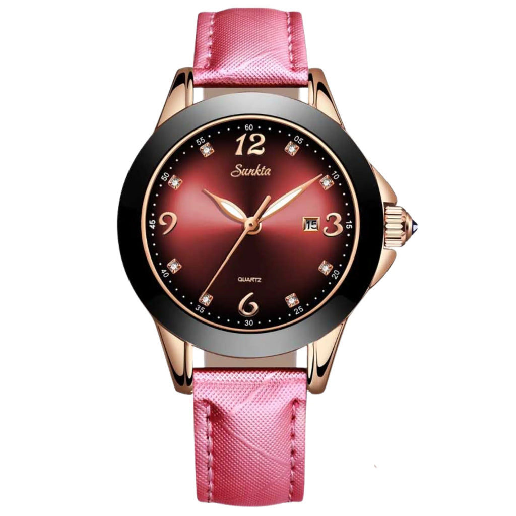 Damenmodell Rosé mit rotem Zifferblatt und pinkem Lederband – frontal