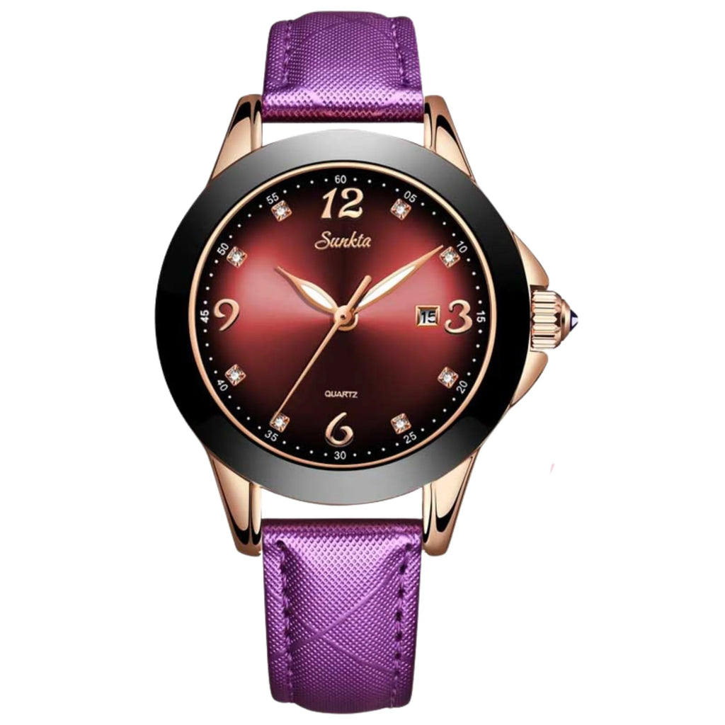 Bordeauxrote Damenuhr mit roséfarbenem Gehäuse und violettem Band – frontal