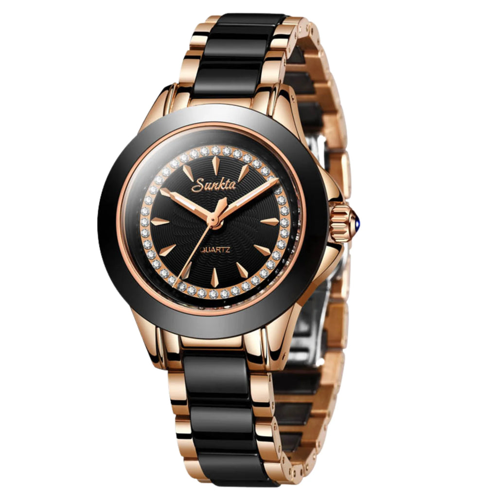 Damenuhr in Rosé mit schwarzem Gliederband – frontal